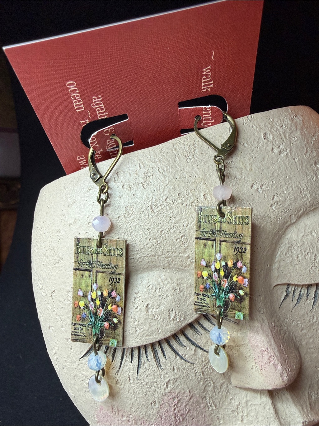 Vintage-Style Floral Seed Packet Dangle Artboard Earrings - Pink & Iridescent